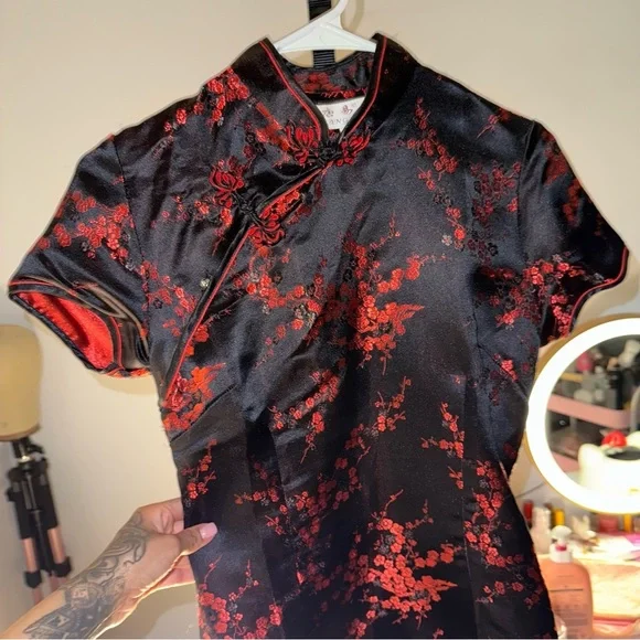 Chinese Mini Black and Red Floral Dress - Picture 3 of 12
